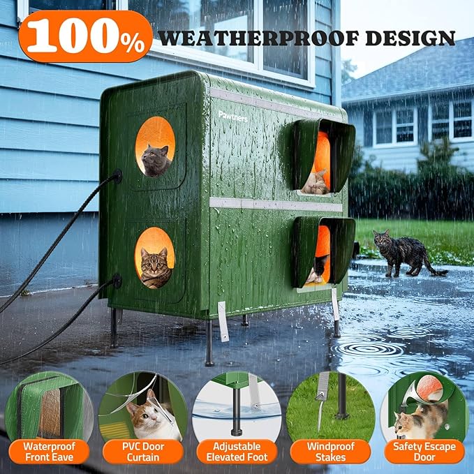 Pawtners Heated Outdoor Cat House for Outside Cats, 26'' XXL 2-Story Insulated Weatherproof Cat Shelter with Heated Pad, Elevated Feet & Escape Door, Warm Kitty House for Feral or Stray Cats in Winter