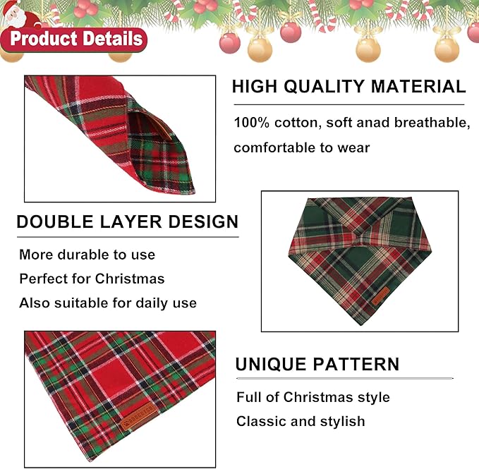 ADOGGYGO Christmas Dog Bandanas 2 Pack, Premium Cotton Fabric, Red Green Plaid Xmas Pet Scarf, Christmas Bandanas for Small Dogs (Small)