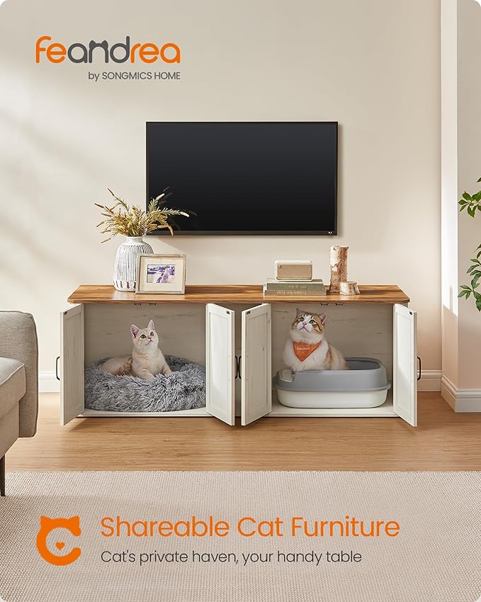 Feandrea Double Cat Litter Box Enclosure, Modern Litter Box Furniture Hidden for 2 Cats, Front Entry, Cat House, Side End Table, TV Stand, 59 x 19 x 19.5 Inches, Honey Brown, Rustic White UPCL010K01