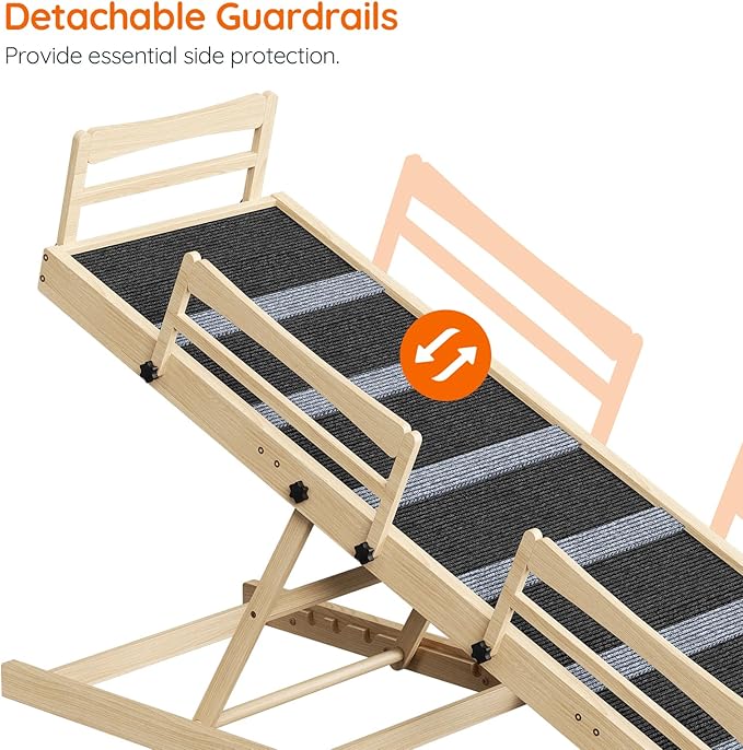 HOOBRO Dog Ramp for Bed, 63" Long Folding Pet Ramp with Non-Slip Mat and Safety Side Rails, 5 Height Adjustable up to 29.5", Wooden Dog Ramp for Couch, for Small/Large Dogs, Natural and Black NB46PT03