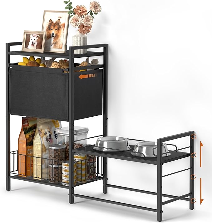 Elevated Dog Bowls, Raised Dog Bowl Stand with Dog Toy Bin Basket Dog Food and Water Bowl Feeding Station, Lifted Dog Bowl Holder Cabinet with Pet Storage Organizer for Large Medium Small Dogs