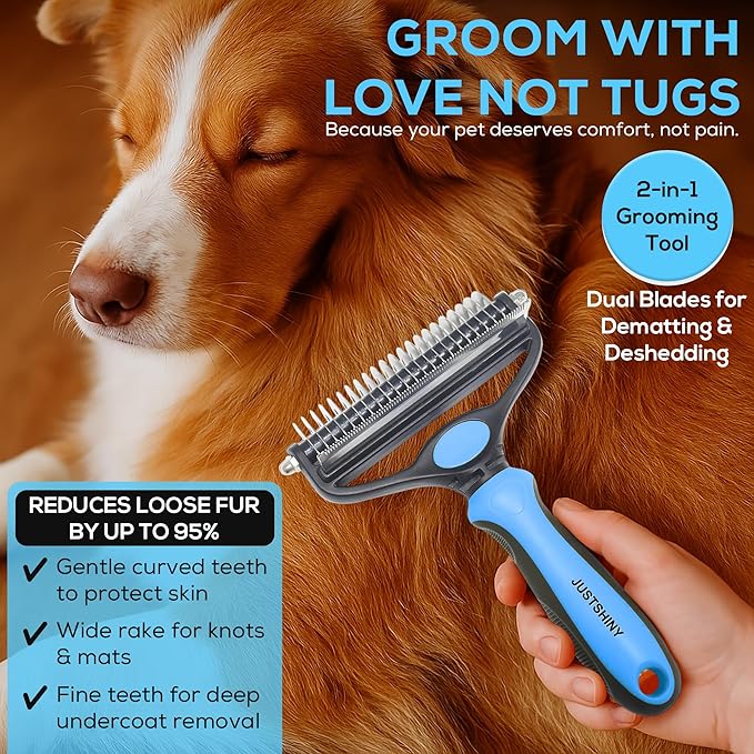 Pet Grooming Set – Deshedding Hair Brush & 2 Finger Toothbrushes – Perfect for Dogs & Cats (blue)