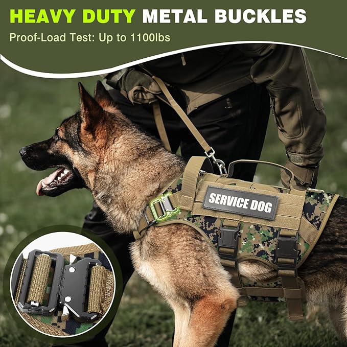 WINSEE Service Dog Vest Harness for Large Dog, Tactical Working MOLLE Vest with 10 Pet Patches, No Pull Heavy Duty Harness for Training Hunting Walking