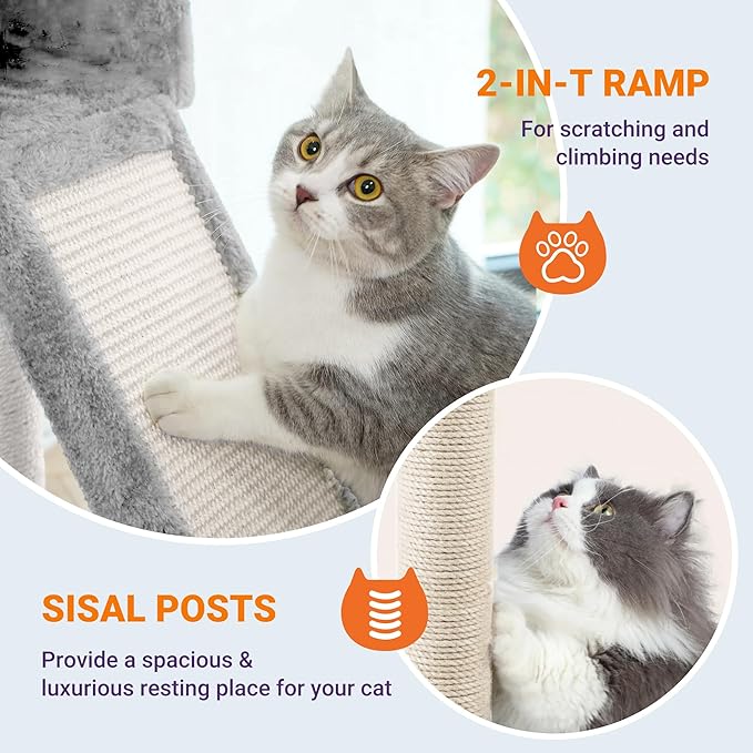 Allewie 81 Inches Tall Cat Tree/Multi-Level Large Climbing Tree House and Towers for Big Feline/Condo and Hammock/Scratching Post/Wide Base/Grey
