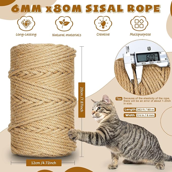 262 ft/80 m Sisal Rope for Cat Scratcher, 1/4 inch/ 6 mm Thick Twine for Cat Scratching Post Cat Tree Replacements DIY Craft Projects, Jute Hemp Rope with 4 Random Colors Cat Toys