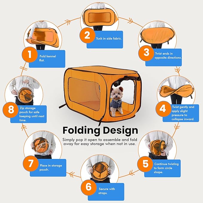 Beatrice Home Fashions Portable, Collapsible, Pop Up Kennel Travel Cat and Dog Crate, 40" L x 27" W x 27" H, Orange