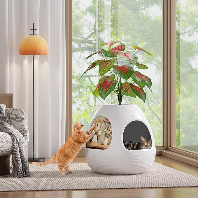Copod8 Cat Bed Heated Pet Cave 4-in-1 Kitty Warming House Condo with Replaceable Scratching Board, Heating Pad and Air Purifier for Indoor Cats Rabbits Guinea Pigs Small Dogs (White)