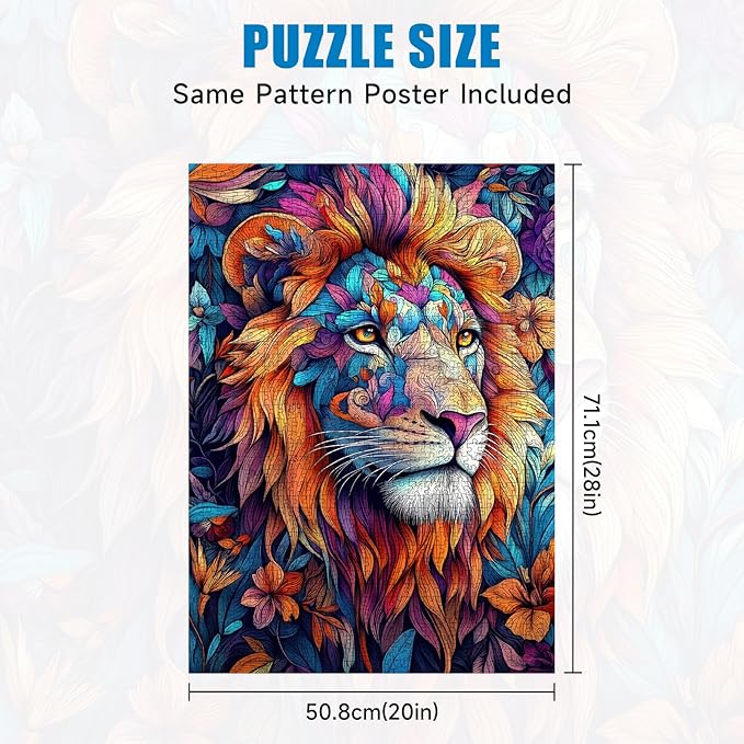 Puzzles for Adults 1000 Pieces, Colorful Lion Flowers Abstract Art Jigsaw Puzzle with Letters on Back, Premium Family Games Decor and Gift, 20x28 Inch