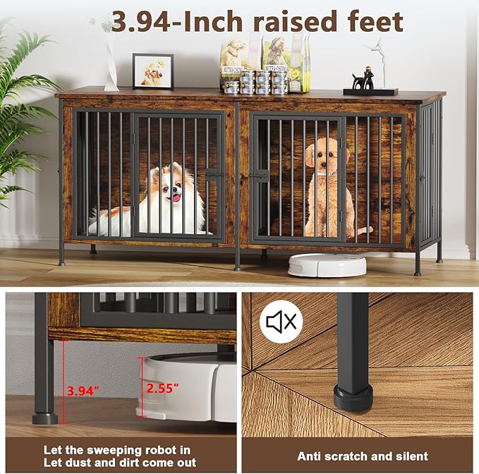 EasyCom Dog Crate Furniture for 1 or 2 Dogs, Heavy Duty Single/Double Dog Crates for Small/Medium/Large Dogs, Dog Kennel Furniture Indoor as TV Stand, Medium Size 63" L(20-35 Pounds), Brown