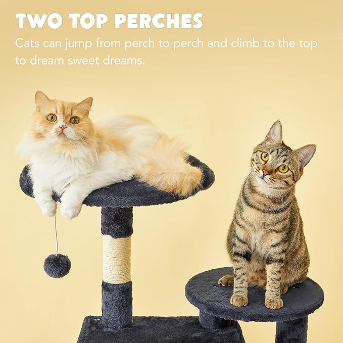 Cat Tree for Indoor Cats - Tall Multi-Level Cat Tower with Condos, Sisal Scratching Posts and Hammock, Top Perch with Dangling Toys for Large Cats and Kittens, Smoky Grey