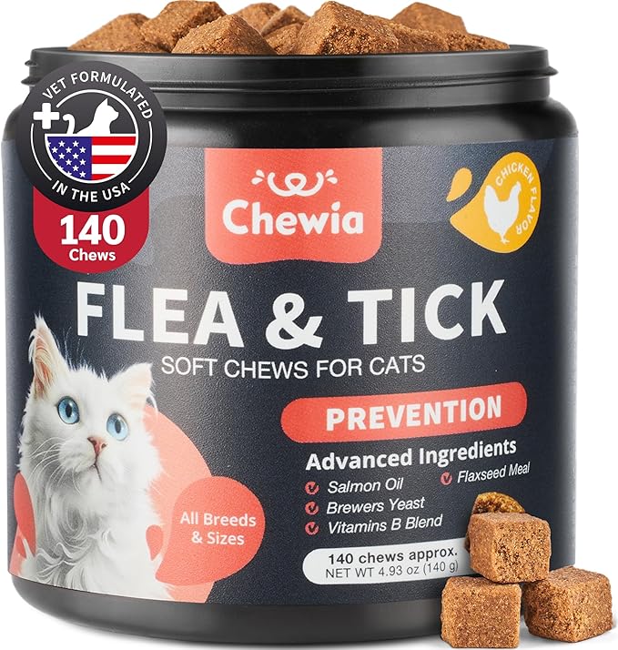 Flea Treatment for Cats - Daily Oral Cat Flea and Tick Treatment Chews - Chewable Kitten Flea Treatment - Soft Treats for All Breeds & Ages - Natural Chicken-Flavor Flea and Tick Supplement for Cats