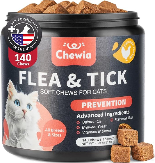 Flea Treatment for Cats - Daily Oral Cat Flea and Tick Treatment Chews - Chewable Kitten Flea Treatment - Soft Treats for All Breeds & Ages - Natural Chicken-Flavor Flea and Tick Supplement for Cats