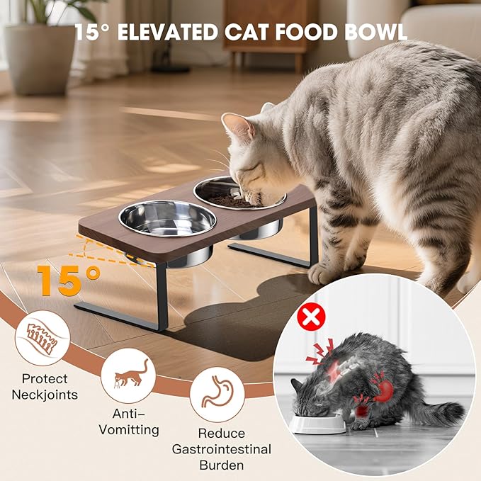 Elevated Cat Bowls, 15° Tilted Raised Cat Food Bowls Wood Pet with Stand Anti Vomiting 2 Stainless Steel for Cats and Puppy