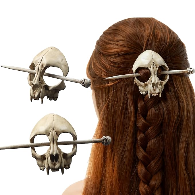 Cat Skull Hair Stick, Gothic Feline Skull Resin Bone Hair Slide Barrette for Women, Cat Skull Hair Clip Halloween Cosplay Witchcore Hairpin, Spooky Updo Holder (1 Piece)