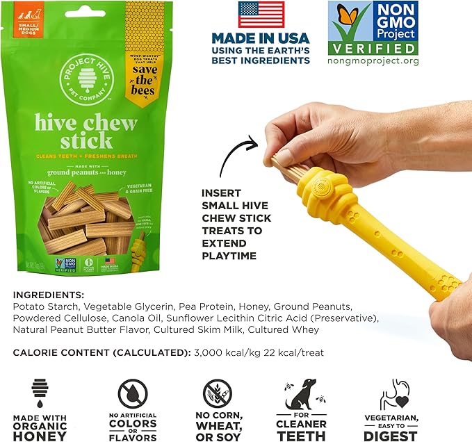 Hive Chew Stick Treats for Small Dogs 2 PackÑ Healthy, Non-GMO Project Verified, Natural Peanut Butter Flavored, Natural, Vegetarian Chews, Made in The USA (Chew Sticks, Small Breeds)