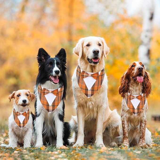 ADOGGYGO Fall Dog Tuxedo Bandana, Orange Plaid Pet Tux Collar with Bowtie, Adjustable Halloween Thanksgiving Formal Costume for Medium Dogs Pets (M)