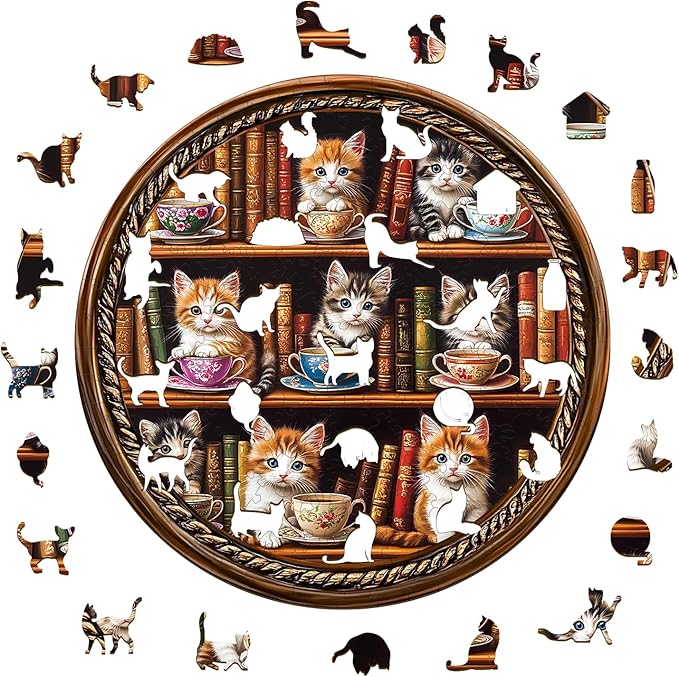 KAAYEE Wooden Puzzles for Adults, Cat Coffee Library 200 Piece Unique Animal Shape Puzzle, Cat Wood Puzzle for Adults, Creative Gifts for Friends/Family, Home Decor(11.4 * 11.4in)