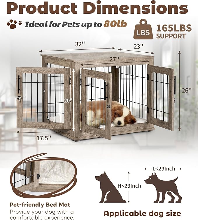 Dog Crate Furniture, 32 inch Medium Dog Crates with Bed Mat, Wooden Dog Kennel Furniture, End Side Table Dog Cage with 3 Doors, Greige