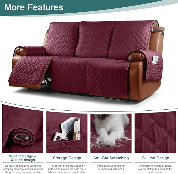 Ruaozz Waterproof Recliner Sofa Cover 1-Piece Couch Covers for Reclining Couches Reclining Sofa Cover Washable Furniture Protector with Elastic Straps Pocket for Kids, Pets (Wine, 3 Seater)