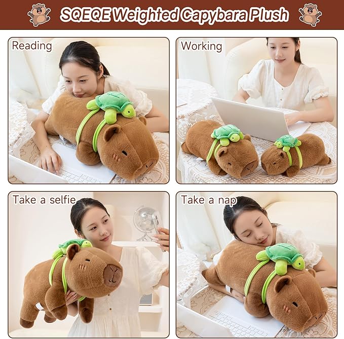 SQEQE Weighted Stuffed Animals Capybara with Turtle Backpack, Weighted Capybara Plush, Cute Plushies Pillow Toy for Bed Time, Christmas & Valentines Gift 23.6 Inch 3.8 Lbs