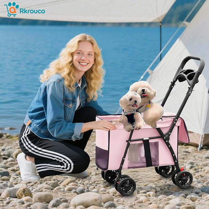 Foldable Pet Stroller for Small Medium Cat Dogs Portable Pets Carriers Strollers with 4 Wheels Up to 55Lbs Puppy Strolling Cart Travel (Pink)
