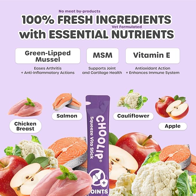 Choolip Squeeze Vita Stick Lickable Cat & Dog Treats – 14 Sticks (2×7 Value Bundle) Joint Support, Creamy Grain-Free Puree with MSM, Green-Lipped Mussel & Vitamin E for Mobility & Cartilage Health