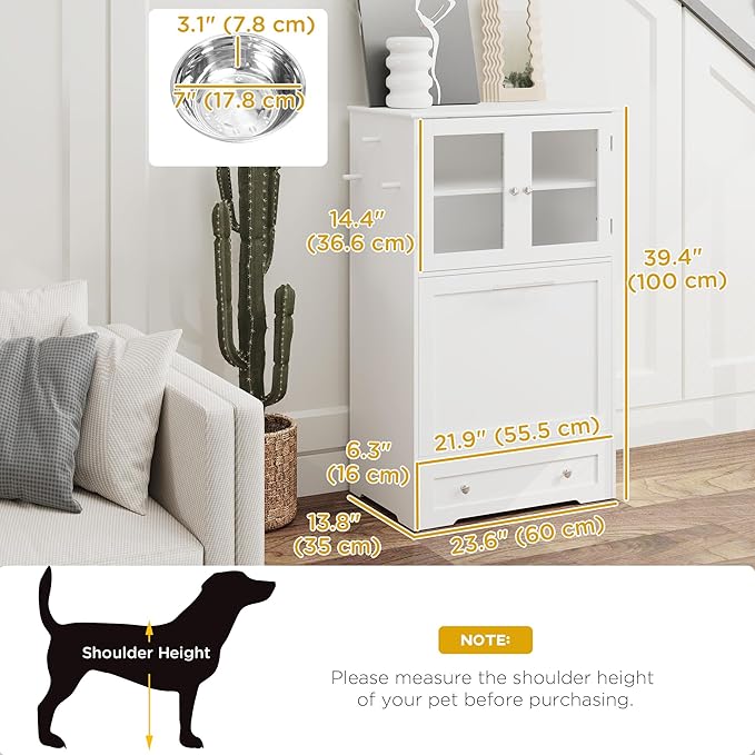 PawHut Dog Feeding Station with 2 Storage Cabinets, Elevated Dog Bowls, Side Hooks, Anti-tip Kit, Hidden Pet Feeder Station for Feeding & Watering, White