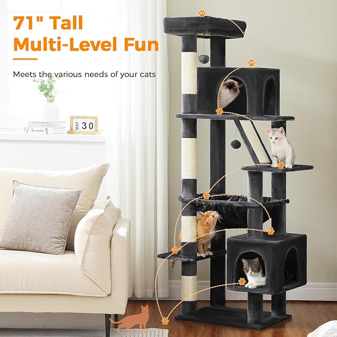 71 Inch Tall Cat Tree for Indoor Cats Large Adult, Multi-Level Cat Tower with Extra Large Hammock, 2 Cat Caves, Spacious Top Perch, Scratching Pad, Dark Grey