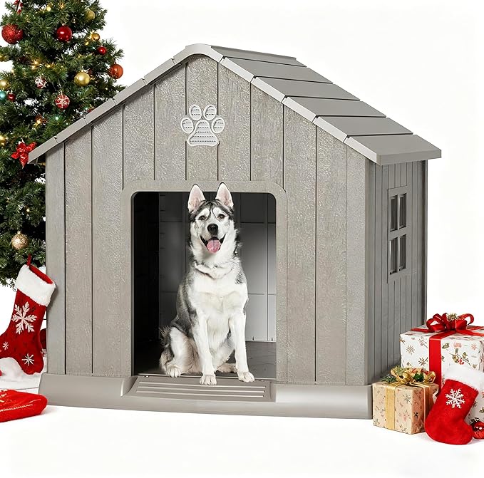 Dog House Outdoor Indoor - Waterproof, Ventilated, Easy to Clean, Elevated Floor for Small-Large Dogs, Easy to Assemble (Grey, 37.2" L x 40" W x 40" H)