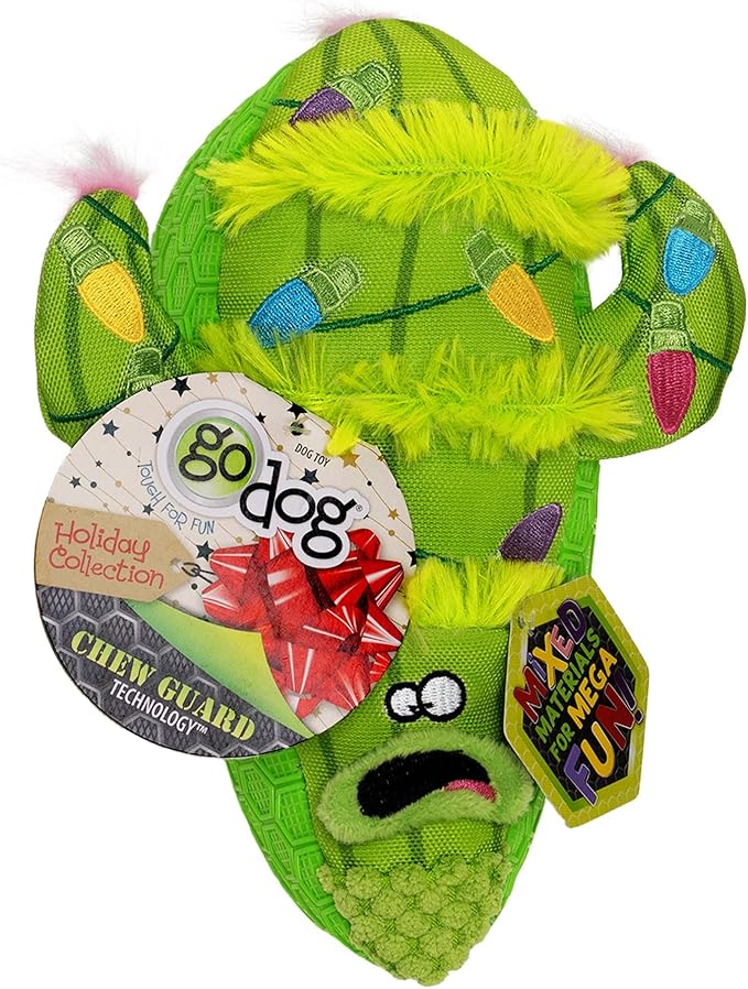 goDog Holiday Collection Mixed Materials TPE-Plush Holiday Cactus Squeaky Dog Toy, Chew Guard Technology - Green, One Size