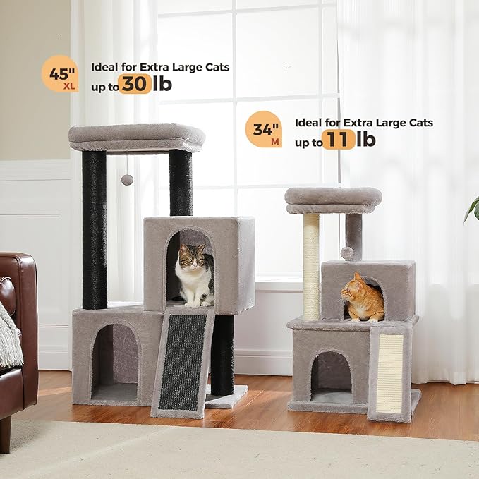 Cat Tree for Indoor Cats Adult, 45-Inch Heavy Duty Cat Tower with Sisal Scratching Ramp, 2 Cat Condo for Extra Large Cats, Big Top Perch, 3 Thick Black Scratching Posts (φ4.3) -Gray