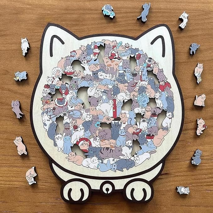 135-Piece Morandi-Colored Cat Shaped Wooden Jigsaw Puzzle, Cute Cat Puzzle, Challenging Irregular, Cute Home Decor for cat Lovers (F)