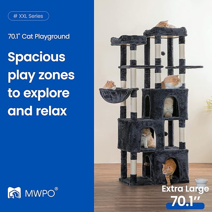 MWPO Extra Large Cat Tree - 70.1-Inch Tall Cat Tower with 3 Cat Condos, Multi-Level Cat Stand for Large Cats Featuring Scratching Posts, Padded Perches, Hammock, Dangling Toys - Smoky Grey