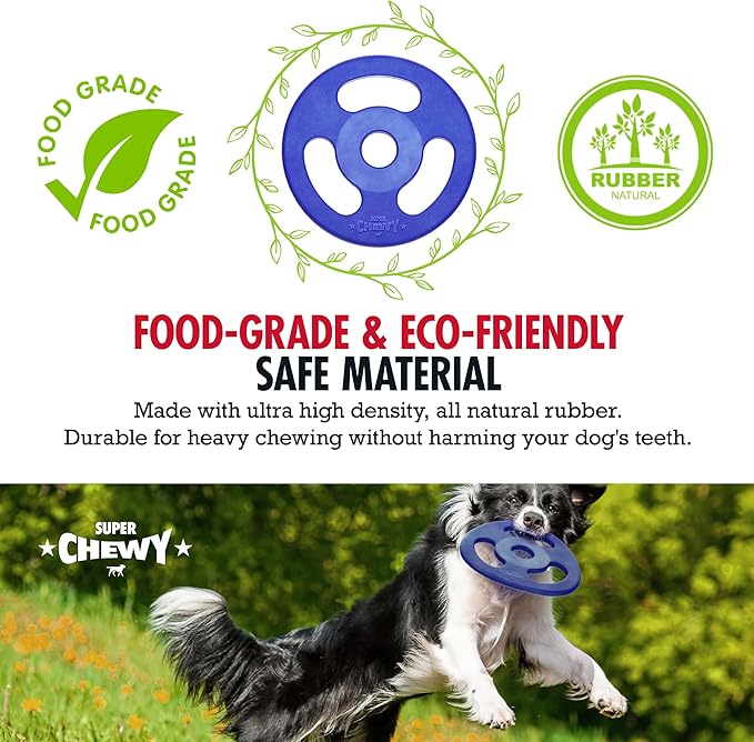 SuperChewy Tough Tug-of-War Flying Disc Toy | Lifetime Replacement | Strong Natural Rubber | Great Tug Disc Fetch Toy for Dogs | Ultra Durable Chew Toys for Aggressive Chewers | For All Breeds