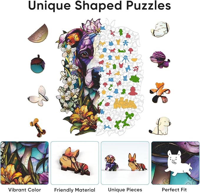 Bovearto Wooden Puzzles for Adults, Stained Glass Dog Wooden Jigsaw Puzzles, Unique Shaped Animal Flower Puzzle Gifts for Kids Challenge Thanksgiving Christmas Puzzle Family Games (12.7"*16.9'')