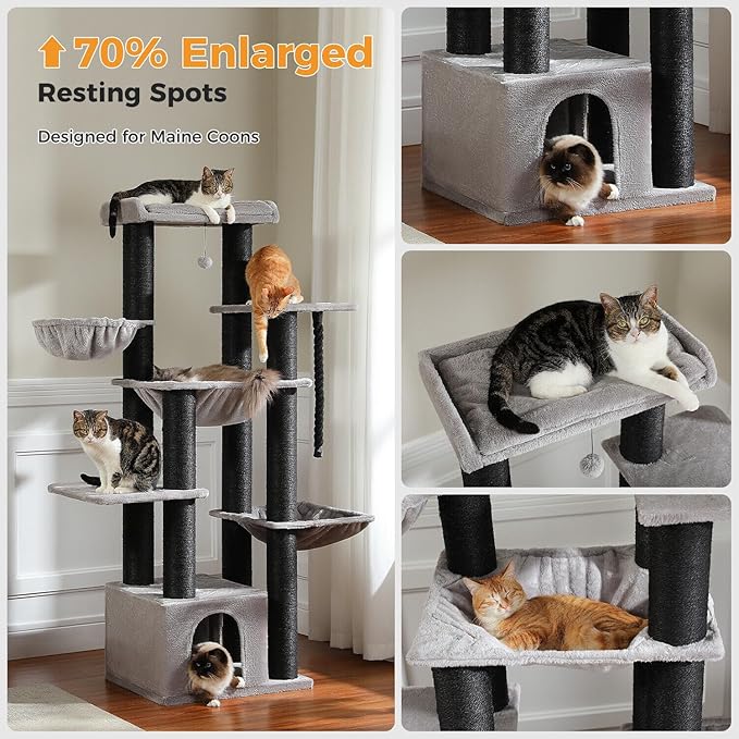 XXL Cat Tree, 67" Heavy Duty Cat Tower for Indoor Cats Large Adult with 13 Thick Scratching Posts (φ4.3), Large Perch, Spacious Condo, Hammock - for Maine Coon up to 20 lbs, Black