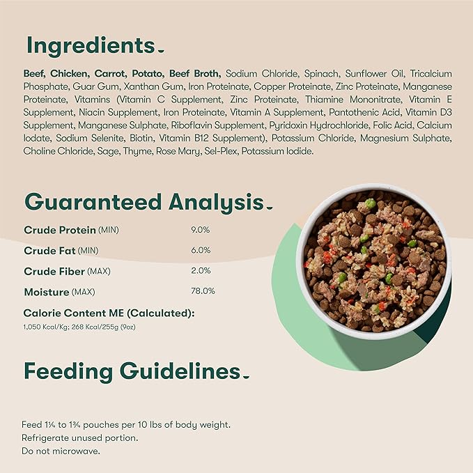 Jinx Beef Grain Free Wet Dog Food Pouches, Meal or Dog Food Topper Mix-in, Made with Real Beef & Chicken, Bone Broth, No Fillers - Puppy, Adult, Senior, 9oz, 6 Pack