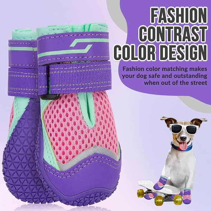 SlowTon Dog Shoes for Large Small Medium Dogs - Breathable Dog Boots for Summer Hot Pavement, Paw Protector for Outdoor Walking Winter Snow, Anti-Slip Rubber Dog Booties for Hardwood Floor (Pink, 8)