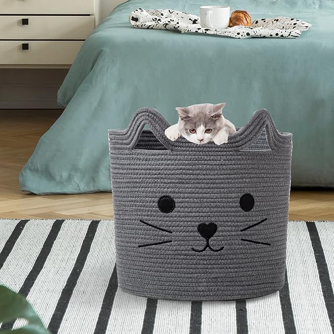 VK VK·LIVING Large Basket for Organizing Cute Animal Storage Baskets Cat Toy Storage Woven Cotton Rope Hamper Organizer for Laundry, Towels, Blanket, Toys, Clothes, Gifts, Pet Bed 15''x14''