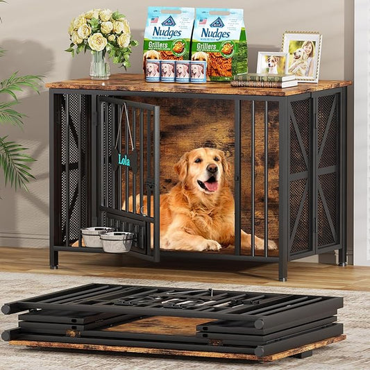 Easycom Foldable Large Dog Crate Furniture, 41.3" Assembly-Free Dog Crates for Large Dogs, Wooden Dog Kennel Indoor with Tag & Dog Bowls, Dog Cage Use as TV Stand, Rustic Brown