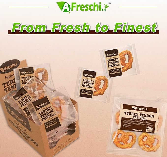 AFreschi Turkey Tendons for Dogs, USA-Sourced, Healthy Dog Treats, Rawhide-Free Puppy Chews, Long Lasting, All Natural, Hypoallergenic Dog Treats for Large Breeds, 1 Count Pack Pretzel (L)