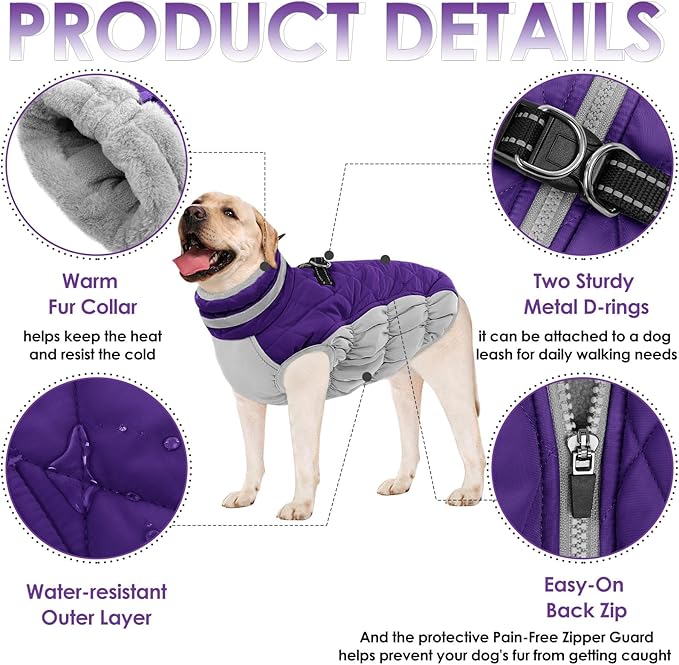 AOFITEE Dog Coat, Warm Dog Jacket, Reflective Winter Coats for Medium Dogs, Turtleneck Dogs Winter Jacket with Harness Built in, Waterproof Windproof Pet Fleece Vest Puffer Jacket, Purple M
