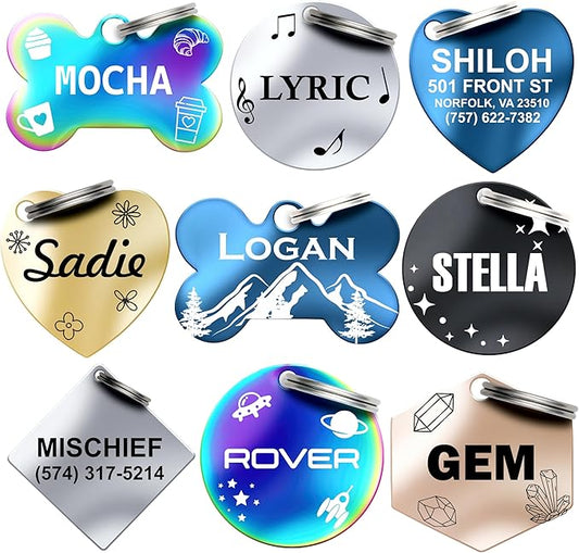 Dr. Fremont's Stainless Steel Custom Pet ID Personalized Engraved Identification Cat and Dog Tags with Custom Text, Many Shapes Including Bone, Heart, Circle (Blue Stainless Steel, Small Bone)