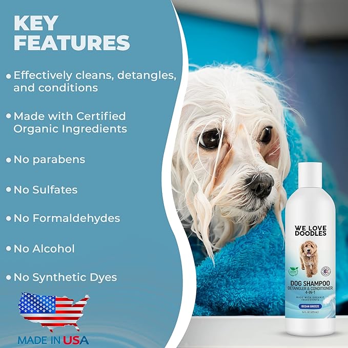 We Love Doodles Pet Rubber Bath Brush and Dog Shampoo (Bundle) - for Shower Scrubbing & Soothing Massage and Organic Dog Shampoo, Conditioner & Detangler - Made in The USA