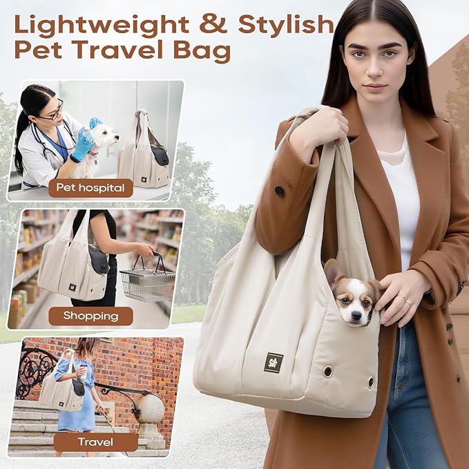 Dog Purse Carrier for Small Dogs, Cats, and Puppies – Soft-Sided Travel Pet Tote Bag with 4 Large Pockets, Foldable, Lightweight, Fits Pets up to 15 lbs, for Travel, Outings (Beige)