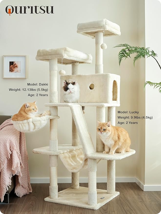 Ouritsu Cat Tree, 61 inch Tall Cat Tower for Large Cat Indoor, Enlarged Condo, 2 Padded Perches with 1 Widened, Large Hammock, Scratching Post and ramp, Fluffy Basket, Beige, LF002WH