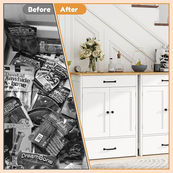 Dog Feeding Station with 2 Elevated Dog Bowls, Food Storage with Adjustable Shelf and Sliding Drawer, Hidden Pet Feeder Station for Cats and Dogs, White