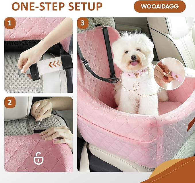Dog Car Seat for Medium Dogs, Pet Travel Bed with Seat Belt Channel, Fully Detachable and Washable, 3 Straps Easy to Install (Pink)