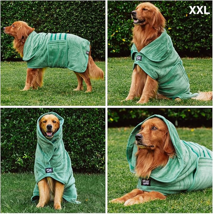 Tuff Pupper Fast Drying Dog Bath Robe | 800 GSM Plush Dog Towel Bathrobe/Dressing Gown | Super Absorbent Pet/Puppy Bathrobe | Adjustable Hood & Belly Strap | Super Soft | Fast Drying (XXL, Green)