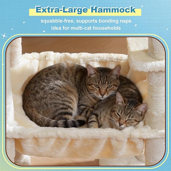 Hey-brother Cat Tree Tower, Scratching Posts with 3 Condos, Large Basket, Cozy Bed, Sisal Board, Step-by-Step Climbing Pathway and Toys, 74.8 inches Furniture for Big Indoor Cats, Beige MPJ081M